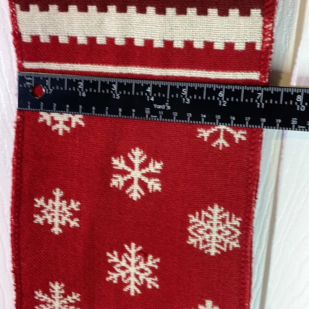 Maker’s Mark red / ivory holiday scarf with snowflakes trees & fringe trim
